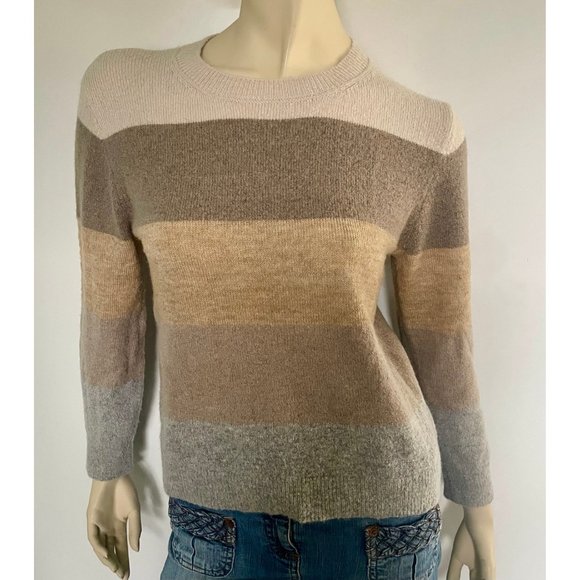 LOFT Sweater Fitted Wide Stripes, Size L/XL, Brown Beige Merino Wool Sweater - Picture 8 of 8